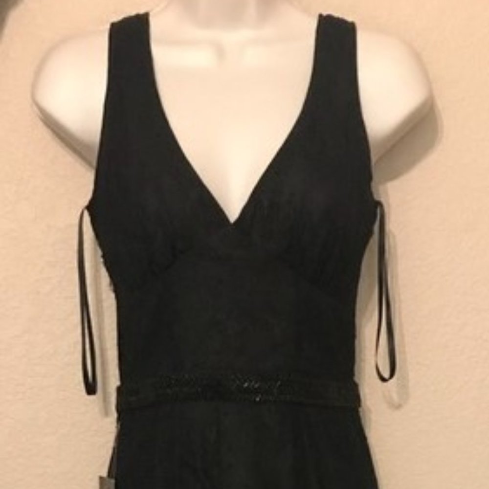 Bebe Long Black Feather Lace Chiffon Gown Dress 2 - Picture 6 of 6